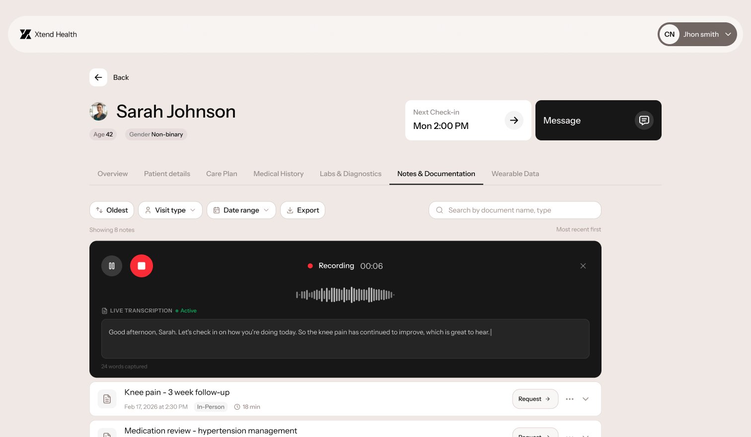 Xtend Health ambient scribe with live transcription during a patient encounter
