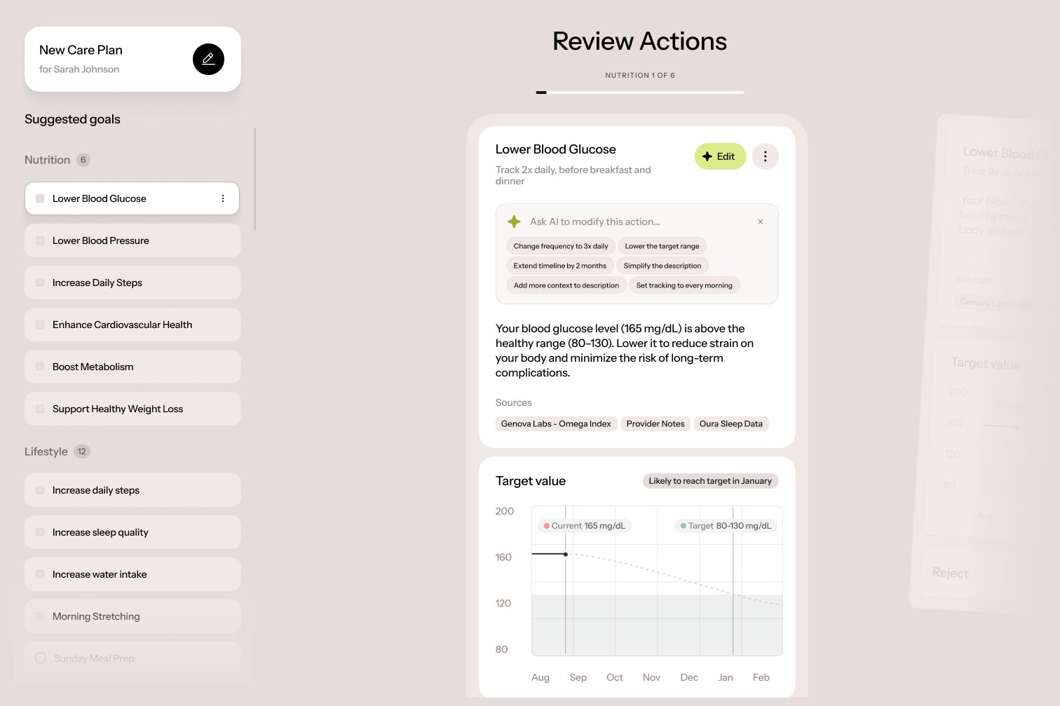 Xtend Health care plan generator with AI-assisted action review and target values