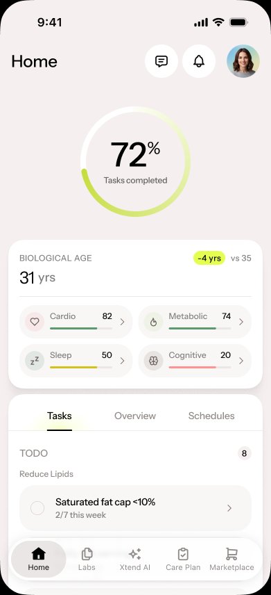 Xtend Health patient app home dashboard