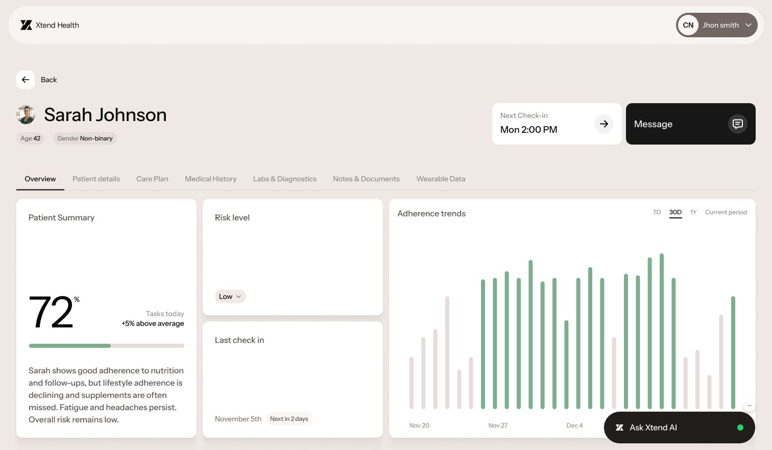 Xtend Health provider portal showing patient overview with adherence trends and risk level