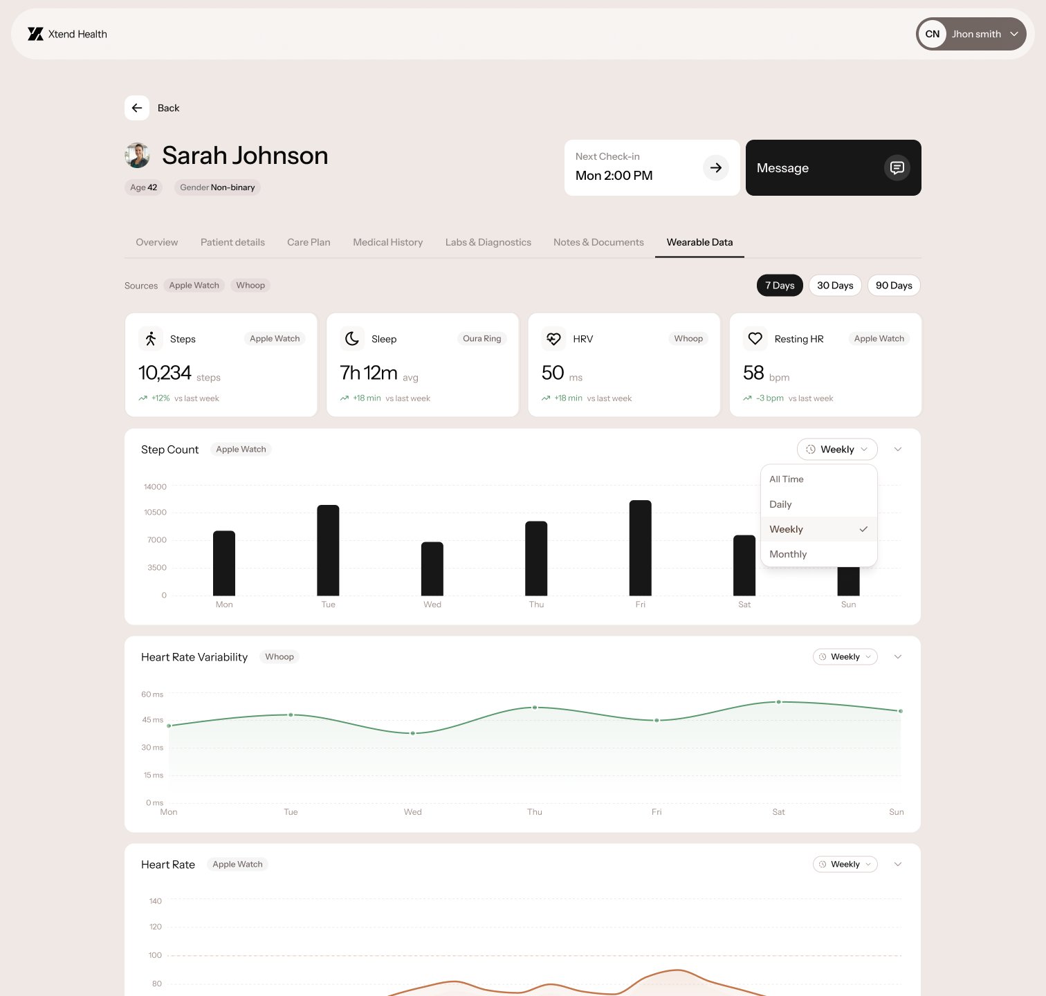 Xtend Health wearable data dashboard showing steps, sleep, HRV and heart rate trends